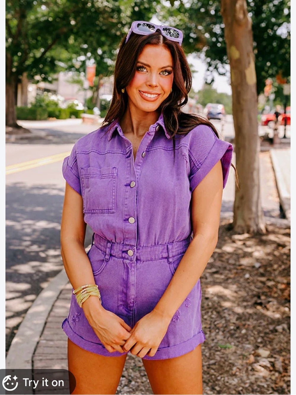 Casual Purple Short-Sleeve Romper with Elastic Waist